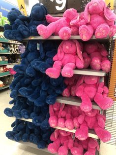 several rows of pink and blue teddy bears on display in a toy store or department