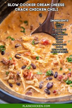 slow cooker cream cheese chicken chili recipe in the crock pot with text overlay