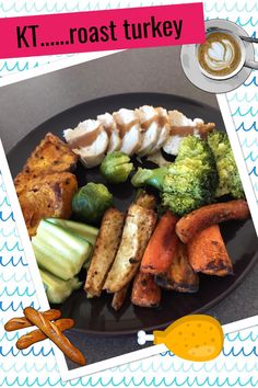 a black plate topped with different types of food