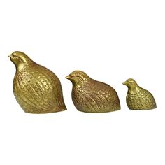 three gold colored birds sitting next to each other