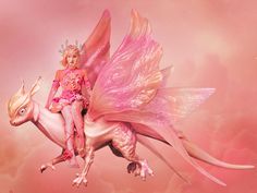 a woman riding on the back of a pink dragon with wings flying above her head