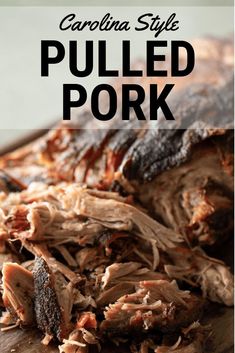 pulled pork on a cutting board with text overlay