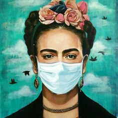 a painting of a woman wearing a face mask with flowers on her head and birds in the background