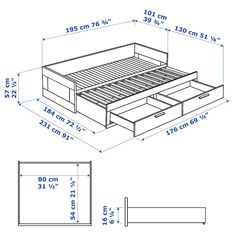 a drawing of a bed with drawers and measurements for the bottom drawer, side view