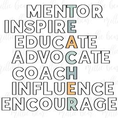 the words mentor, inspire, education and coach in different font styles