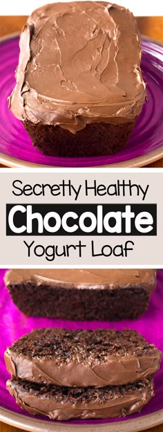 there is a chocolate cake with frosting on it and the words secret healthy chocolate yogurt loaf