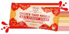 chicken tikka masala kati street wrap is shown in red and yellow colors