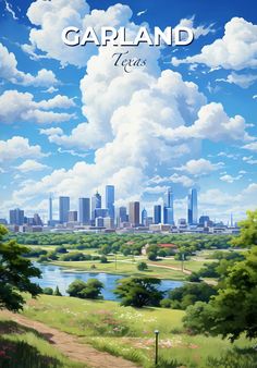 a painting of a city skyline with clouds in the sky and grass on the ground