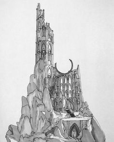 a black and white drawing of a castle on top of a mountain