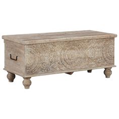 an old wooden chest with carvings on the front and bottom, sitting against a white background