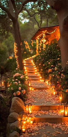 candles are lit on the steps leading up to a house with roses and trees around it