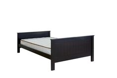 a black bed frame with no mattress on it