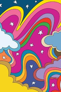 an abstract rainbow background with stars and clouds