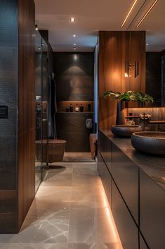 a modern bathroom with black and wood accents