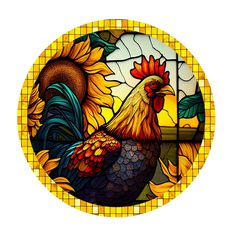 a stained glass window with a rooster and sunflowers in the center on a white background