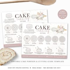 the cake cutting guide is displayed next to a wooden spoon