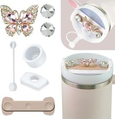 the contents of a pink and white cup, spoons, toothbrush holder, and other items