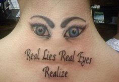 a woman's neck with the words real lies real eyes realistic