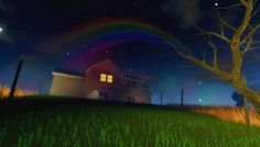 a house with a rainbow in the background and a tree on the other side at night