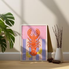 a painting of a lobster on a pink and blue striped background next to a potted plant