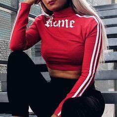 Red Tops With Logo, Autumn Tumblr, E Girl Style, Fashion Hashtags, Women Turtleneck, Rainbow Outfit, Red Crop Top, Turtleneck Sweatshirt, Tumblr Outfits