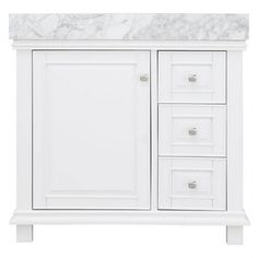 a white bathroom vanity with marble top and drawers on the bottom, against a white background