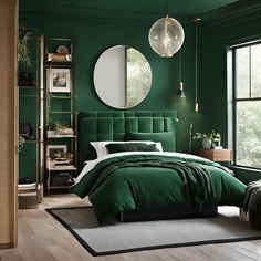 a bedroom with dark green walls, white bedding and round mirrors on the wall