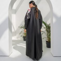 Mikado Abaya With One Side 3D Embroidery In Floral Motifs | Azzalia | Wolf & Badger Luxury Long Abaya, Cape Abaya For Evening And Eid, Formal Floor-length Embroidered Abaya, Luxury Long Sleeve Abaya For Eid, Embroidered Floor-length Abaya For Spring, Embroidered Floor-length Spring Abaya, Spring Embroidered Floor-length Abaya, Embroidered Spring Floor-length Abaya, Resham Embroidery Abaya For Evening