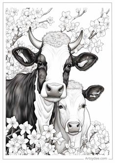 two cows standing next to each other with flowers in the foreground and behind them is a black and white drawing