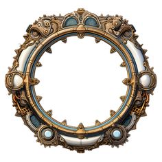 an ornate gold frame with blue and white glass in the shape of a circle on a white background