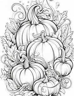 a black and white drawing of pumpkins with leaves on the bottom, surrounded by swirly vines