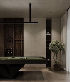 a pool table in the middle of a room with a potted plant next to it