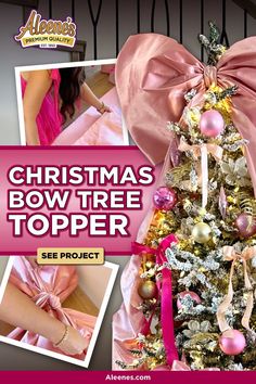 christmas bow tree topper in pink and gold with pictures of it's bows