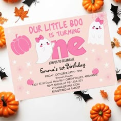 a pink birthday card with two ghostes and pumpkins around it on a white background