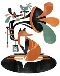 an orange and black fox sitting on top of a table next to a bird cage