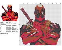 the deadpool cross stitch pattern is shown with instructions for how to make it look like he's holding a baseball bat