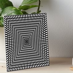 an abstract black and white design art boarder on a table next to a potted plant