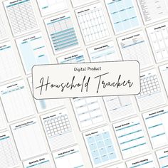 a large collection of printable household trackers with the text,'digital product household tracker '