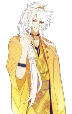 an anime character with long white hair and yellow clothes holding his hand up to his face