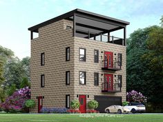 a three story brick building with red doors and balconies on the second floor