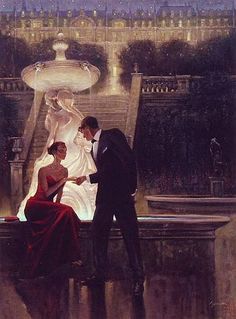 a painting of two people standing next to each other in front of a fountain at night