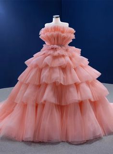 Orange Ball Gown, Goddess Prom Dress, Dress Debut, Peach Prom Dresses, Princess Sweet 16, Princess Prom Dress, Debut Gowns, Tiered Prom Dress, Flower Prom Dress