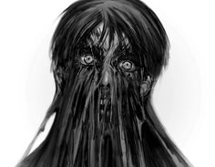 a black and white drawing of a woman's face with blood dripping from her eyes