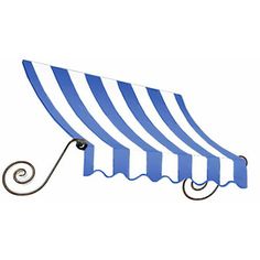 a blue and white striped awning with an iron hook on the side, hanging from a metal rod