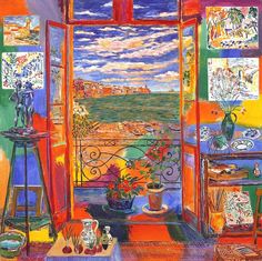 an image of a room with paintings on the window sill and flowers in vases