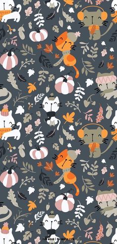 an animal themed wallpaper with various animals and leaves on it's grey background