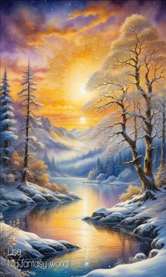 a painting of snow covered trees and water