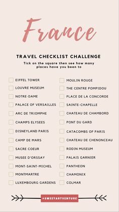 a travel checklist with the words france written in pink and black on top of it