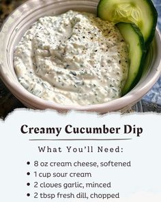 creamy cucumber dip recipe in a white bowl with information about how to make it