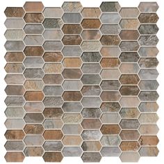 a mosaic tile pattern with different colors and shapes on the wall, including brown, beige and